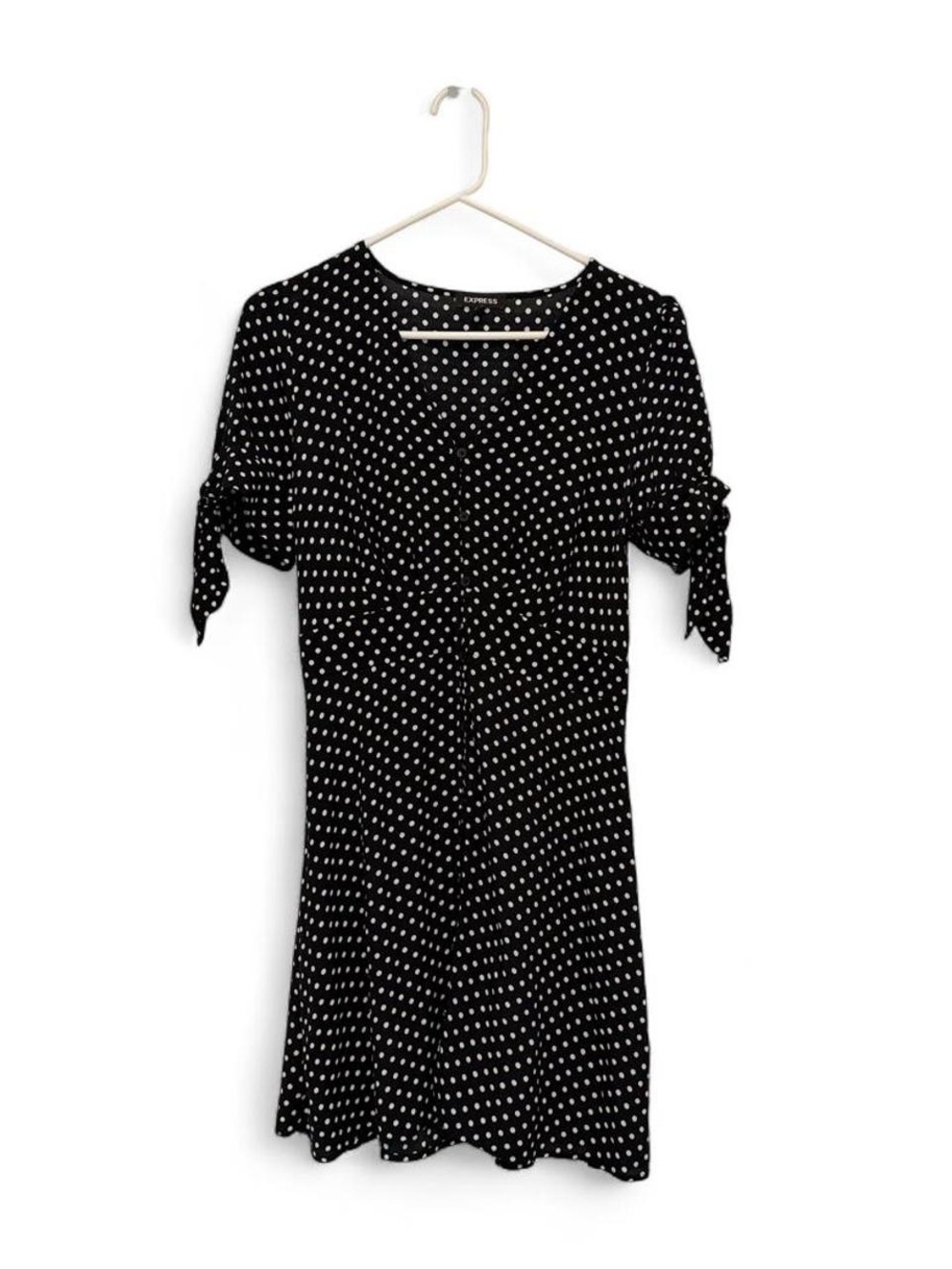 Express Black and White Polka Dot Midi Dress with Tie Sleeves